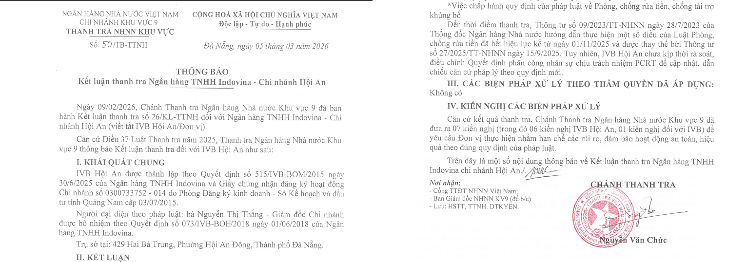 Những sai sót nào của IVB Hội An được nêu trong kết luận thanh tra?